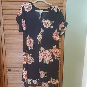 Black with White and Red Floral Print Dress